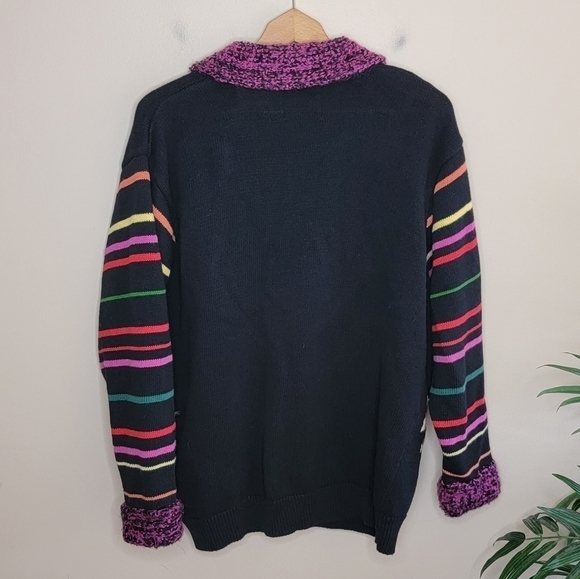 Storybook Knits | Colorful Floral Cardigan Sweater with Striped Sleeves Size 1X - Picture 2 of 6